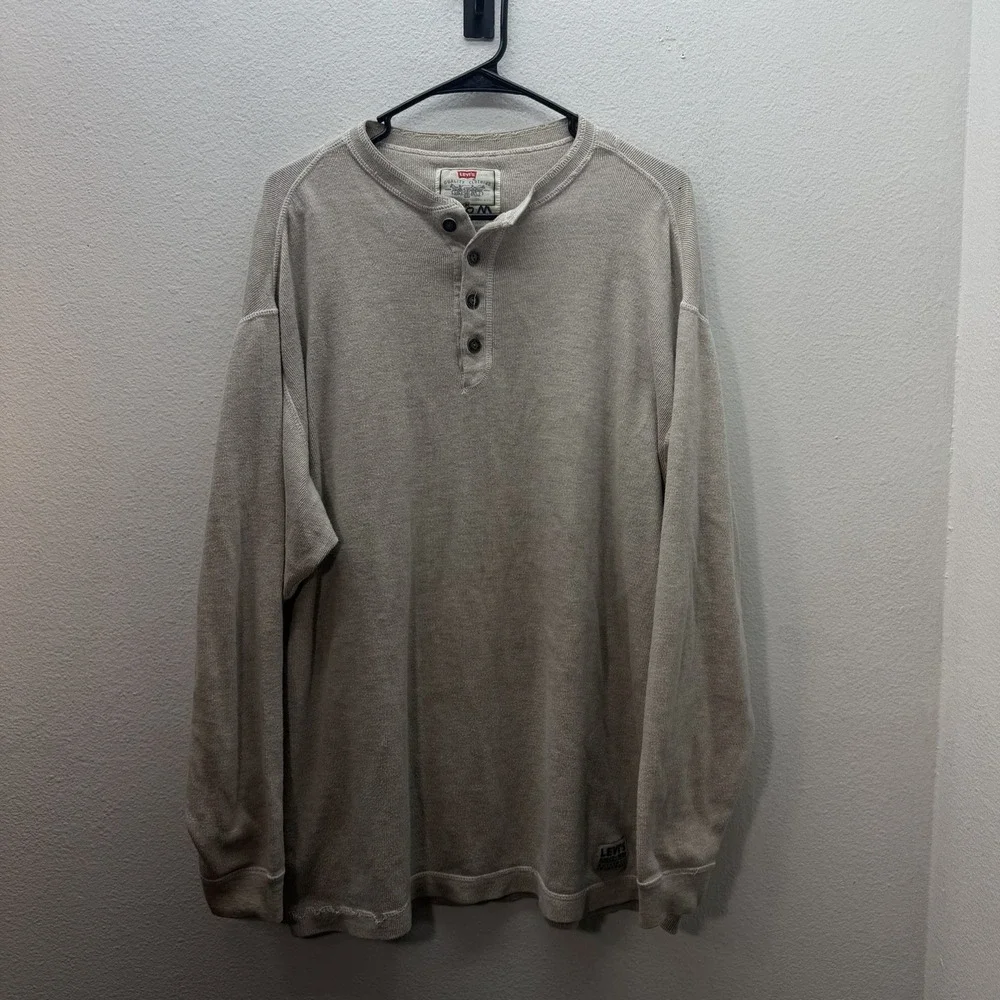 VTG Levis Shirt Men's M Tan Henley Ribbed‎ Pullover Outdoors Work 90s Oversized